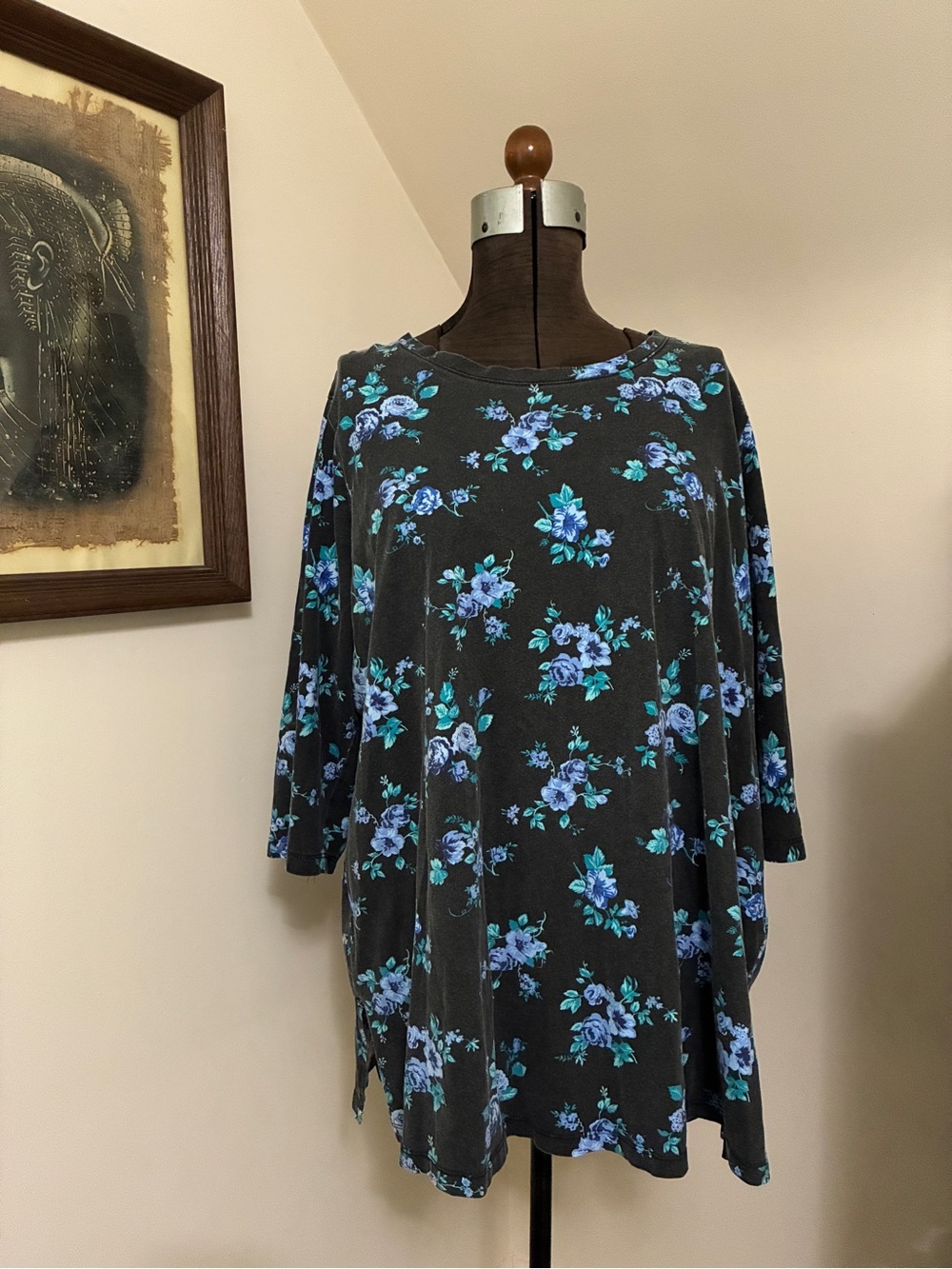 Vintage 100% Cotton Black Floral Scoop-Neck